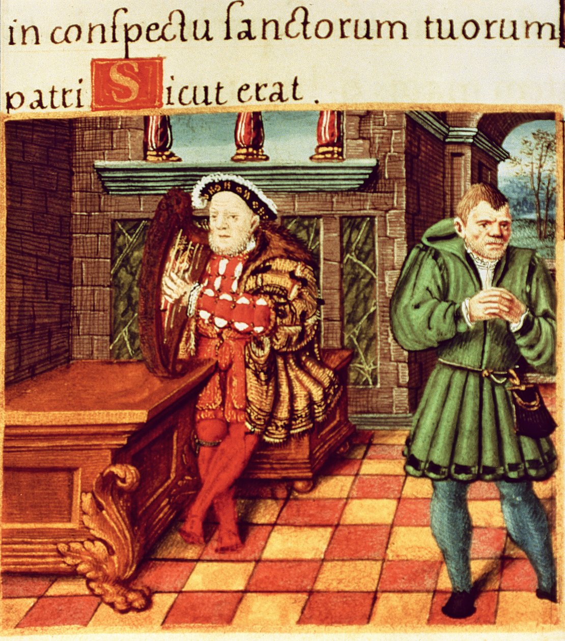 Henry VIII spiller på en harpe med sin Fool Will Somers, fra King