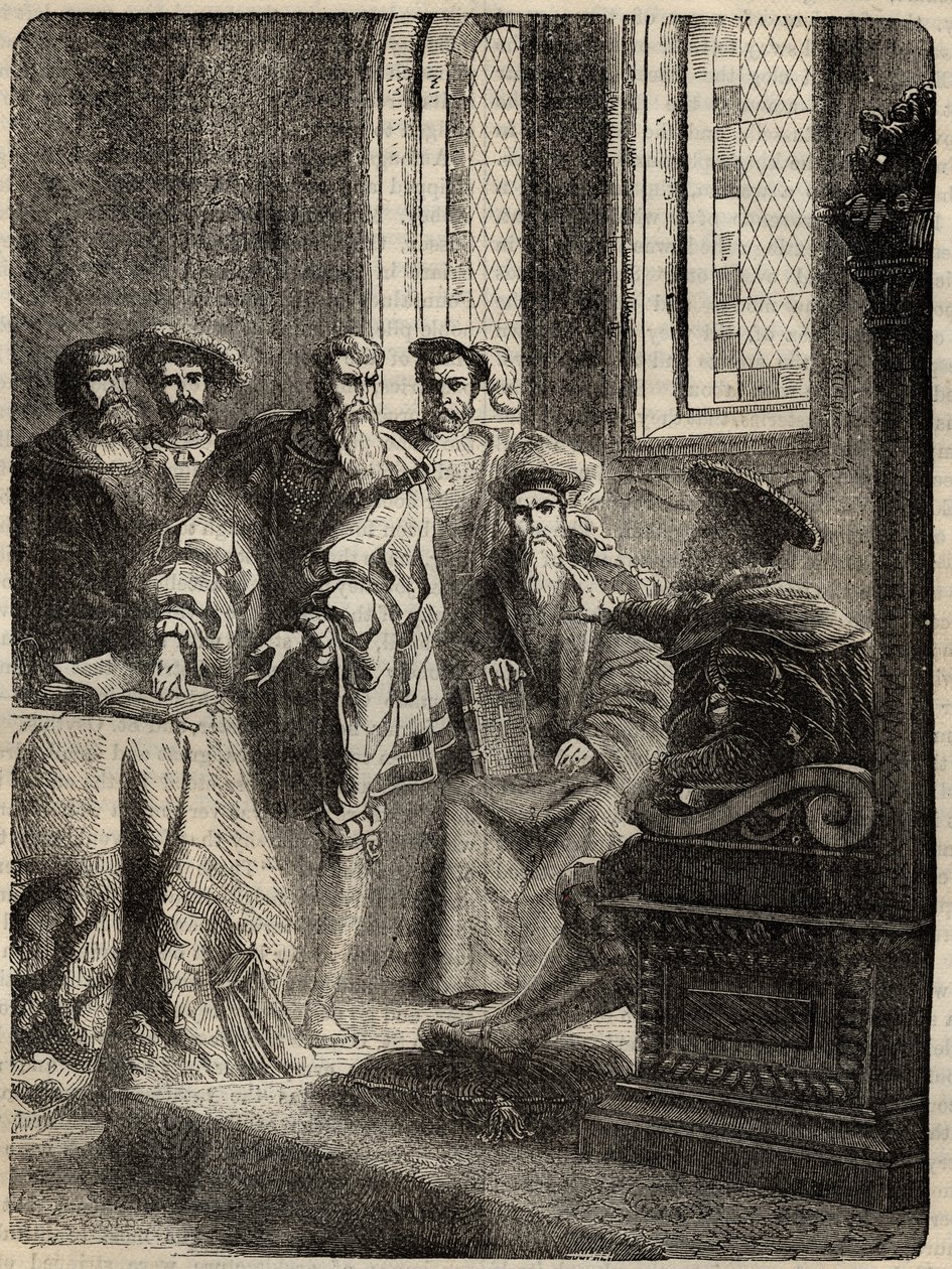 Henrik VIII. og hans råd, der ordinerede oversættelsen af Bibelen til engelsk - 1538 - gravering fra "" History of England"" af Cassell Petter & Galpin af English School