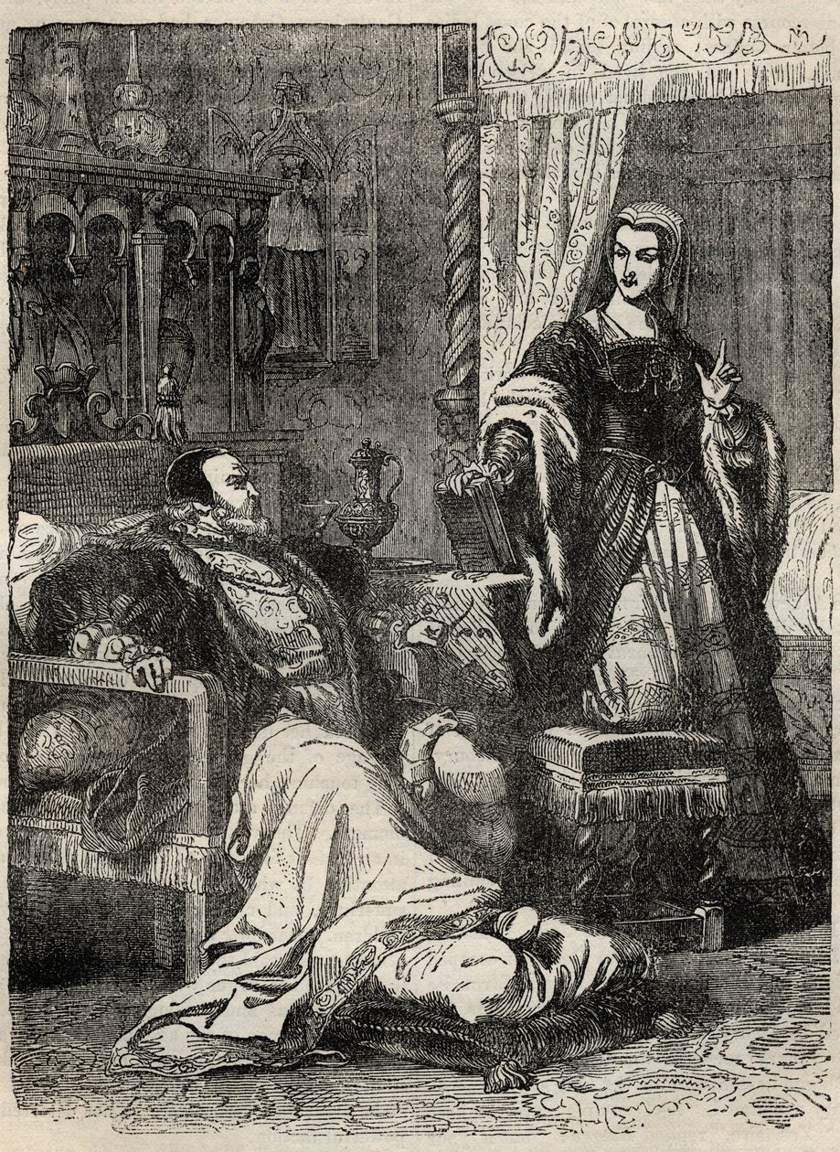 Henry VIII og dronningen Catherine Parr (1512-1548) - gravering fra "" History of England" af Cassell Petter & Galpin af English School
