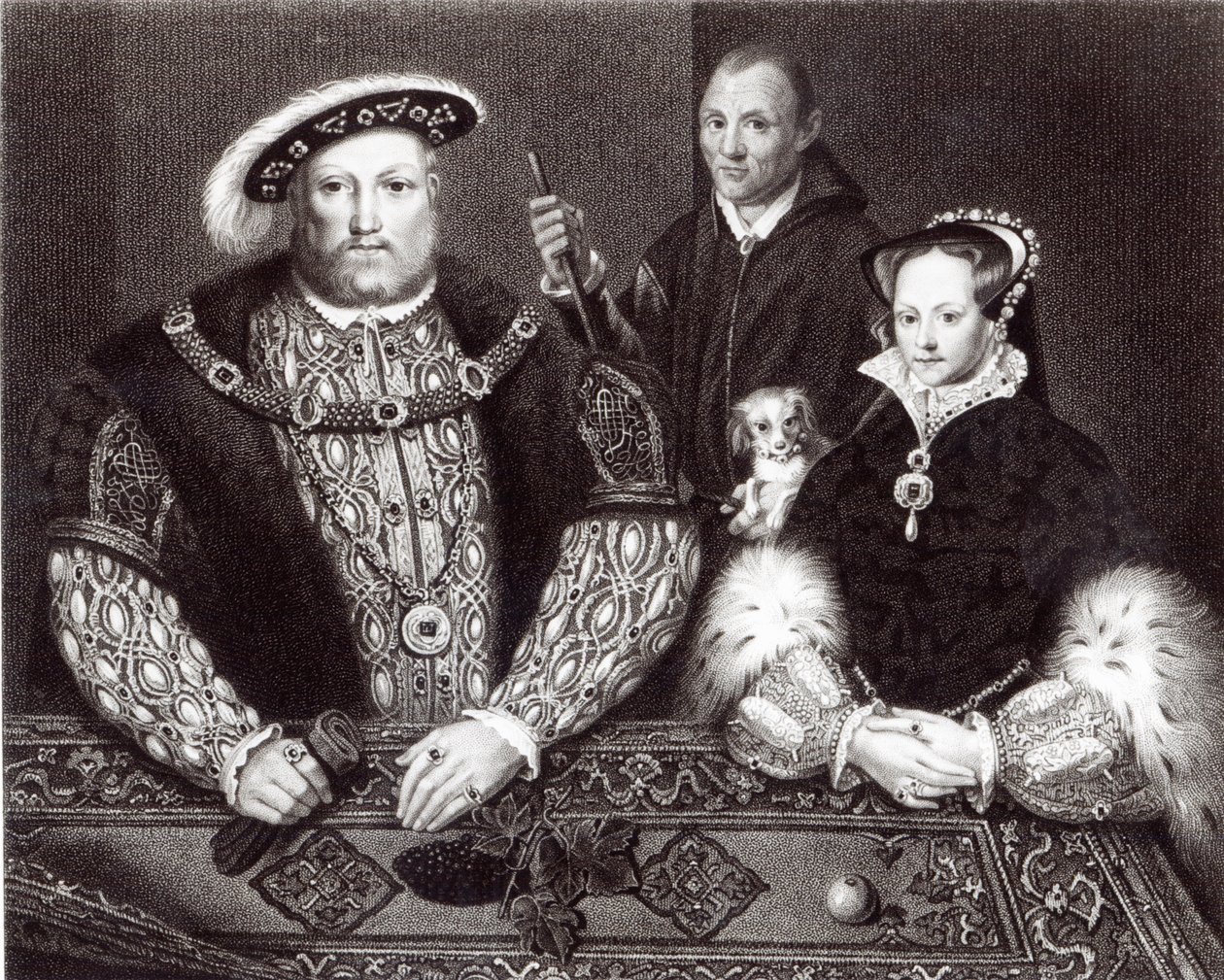 Henry VIII, hans datter Queen Mary og Will Somers, efter et oliemaleri fra det 16. århundrede, malet posthumt, 1821 af English School