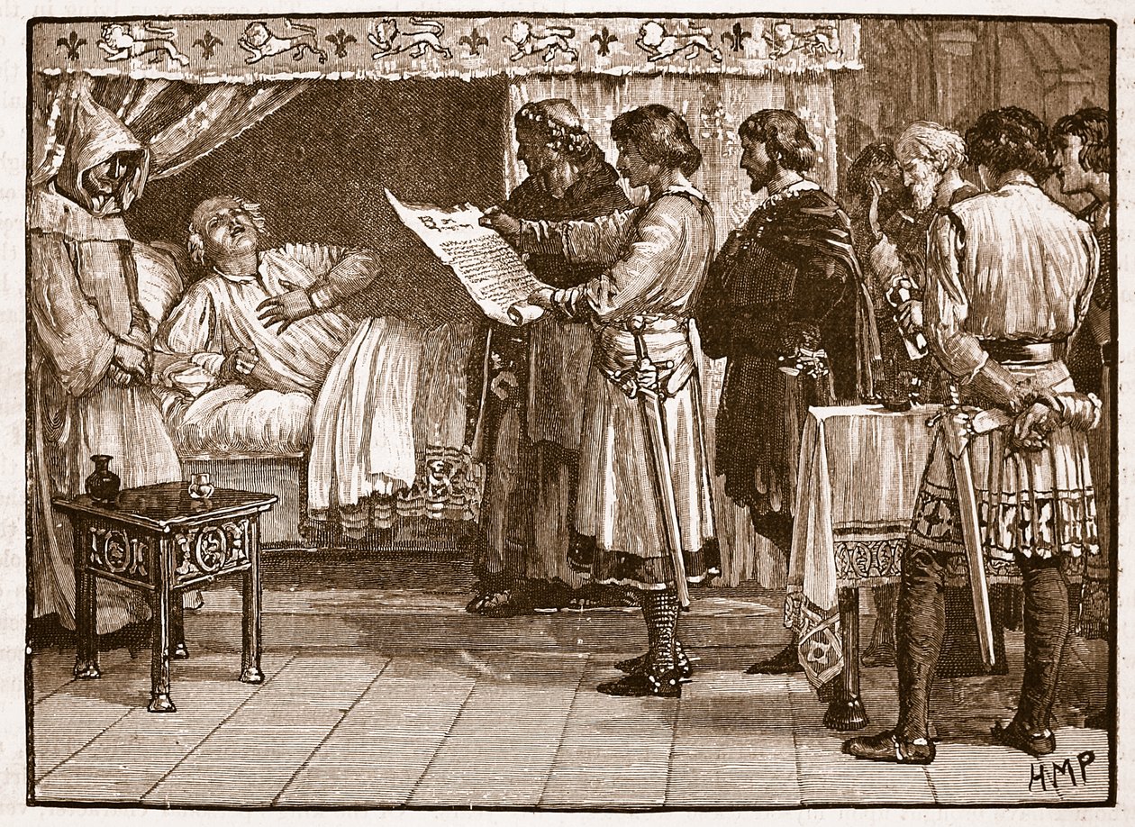 Henry modtager nyheden om Johns forræderi, illustration fra Cassells Illustrated History of England (sepia foto) af English School