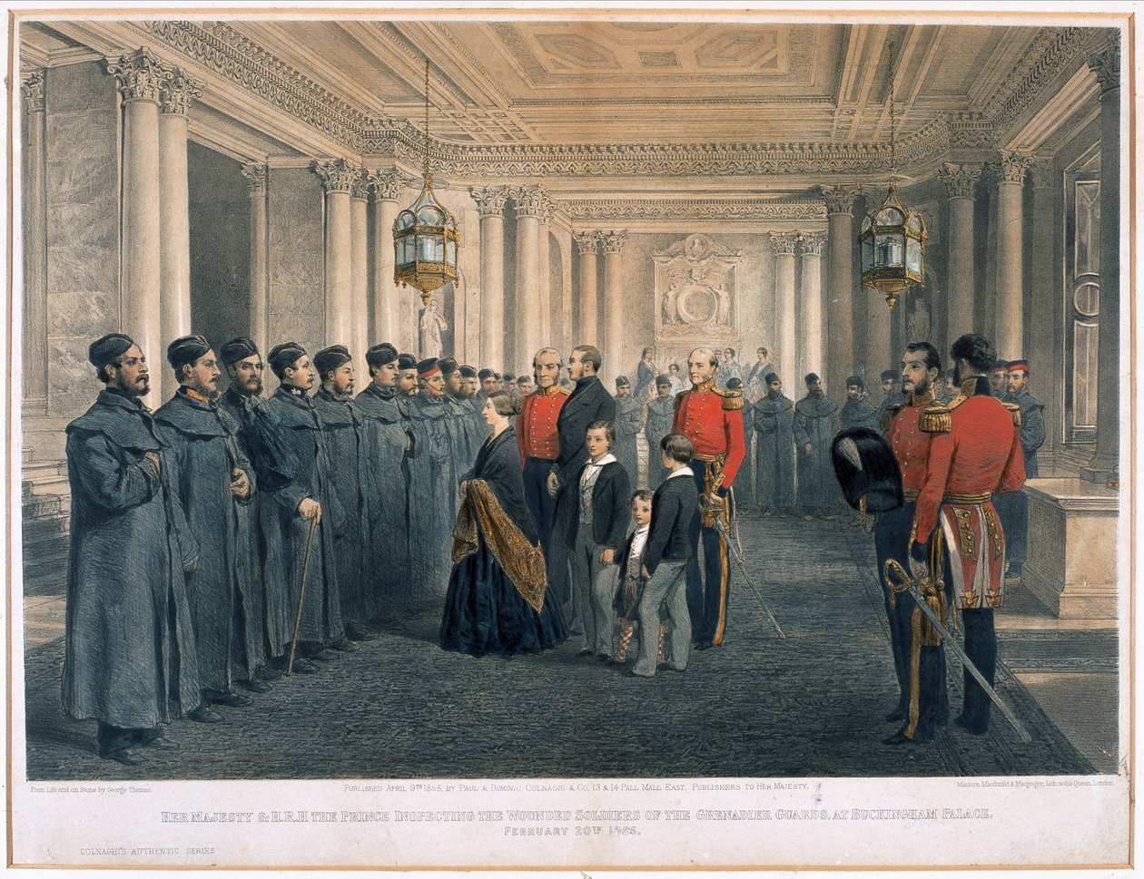 Hendes Majestæt Dronning Victoria (1819-1901) og H.R.H Prins Albert (1819-61) inspicerede de sårede soldater fra Grenadier Guards ved Buckingham Palace, 1855 af English School