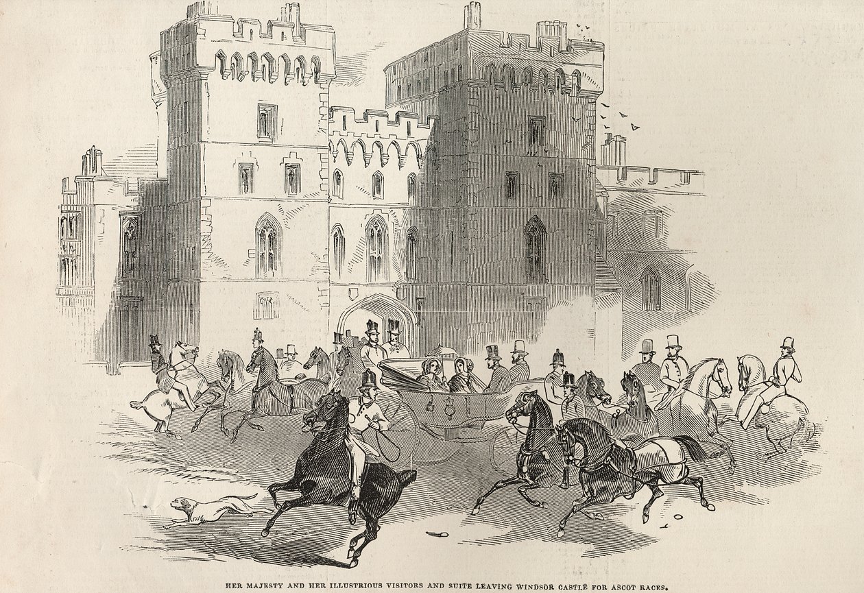 Hendes Majestæt og hendes ædle gæster og suite forlader Windsor Castle for at tage til Ascot Races, fra "The Illustrated London News", 14. juni 1845 af English School
