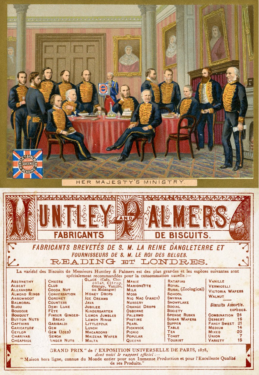 Hendes Majestæts ministerium, for- og bagside af et salgsfremmende kort til Huntley & Palmers Biscuits, produceret til det franske marked ca. 1890 af English School