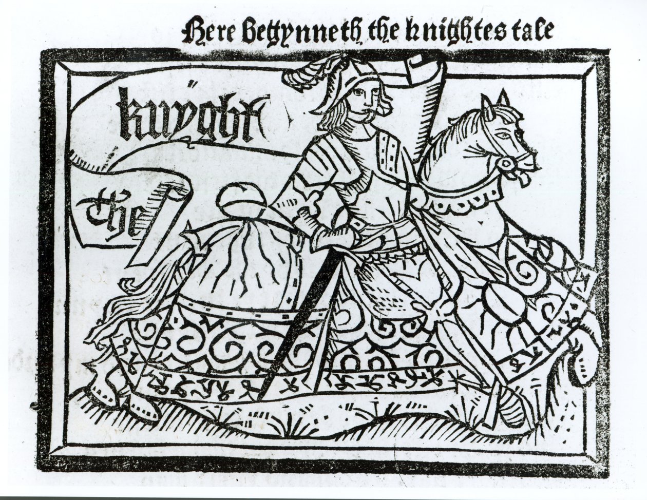 Her Begynneth the Knightes Tale, illustration fra The Canterbury Tales af Geoffrey Chaucer (ca. 1345-1400) trykt af William Caxton (ca. 1422-91) 1434 af English School