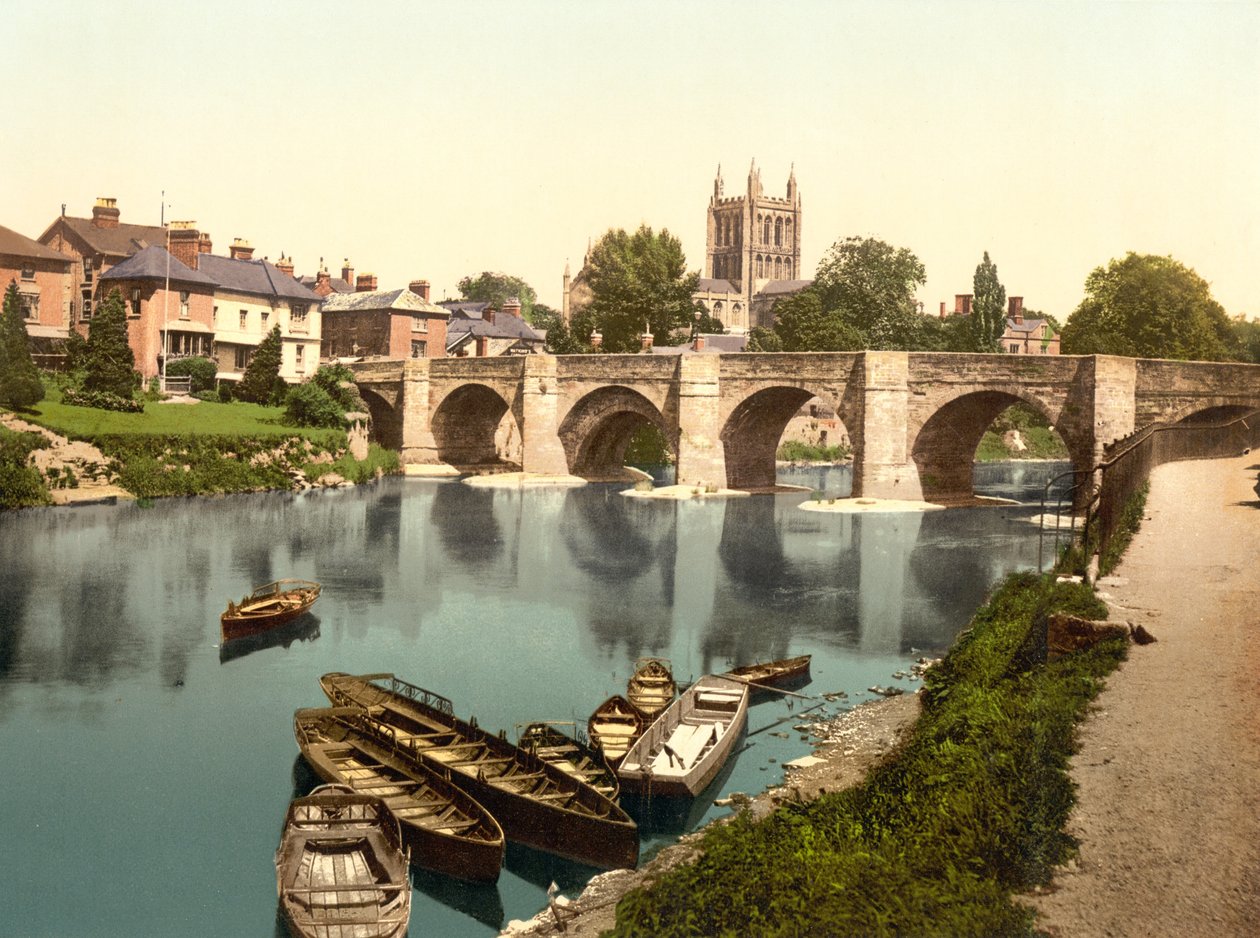 Hereford Cathedral og Wyl Bridge (håndfarvet foto) af English School