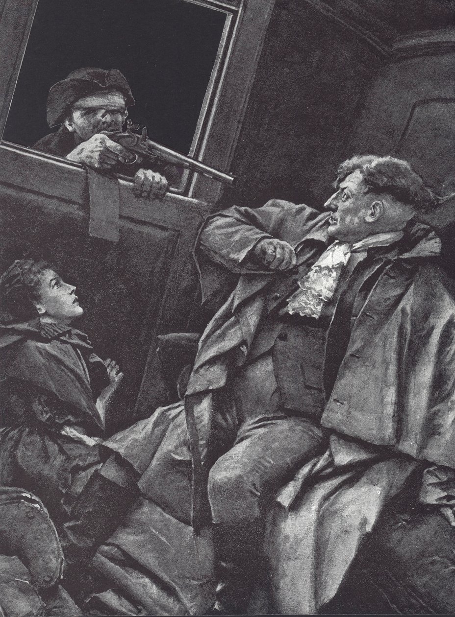 Highwayman røver en diligence (litho) af English School