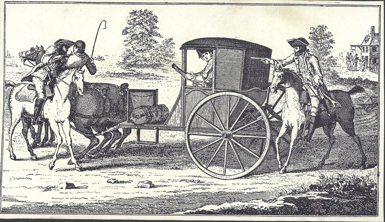 Highwaymen James MacLaine og William Plunkett røver jarlen af Eglinton på Hounslow Heath, 26. juni 1750 (gravering) af English School