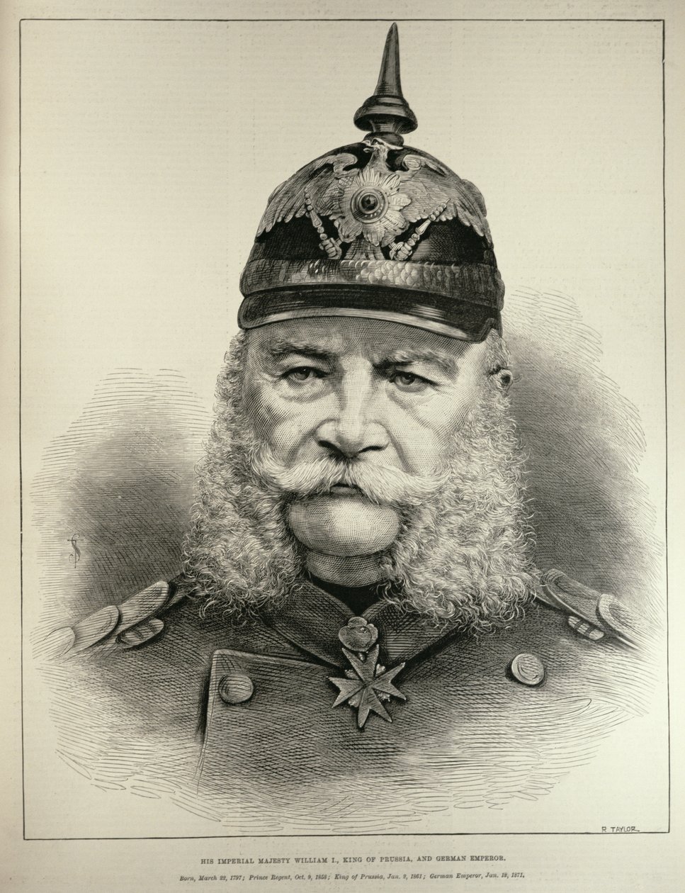 Hans kejserlige majestæt Vilhelm I (1797-1888), konge af Preussen og tysk kejser, fra "The Illustrated London News", graveret af R. Taylor, 19. marts 1887 af English School