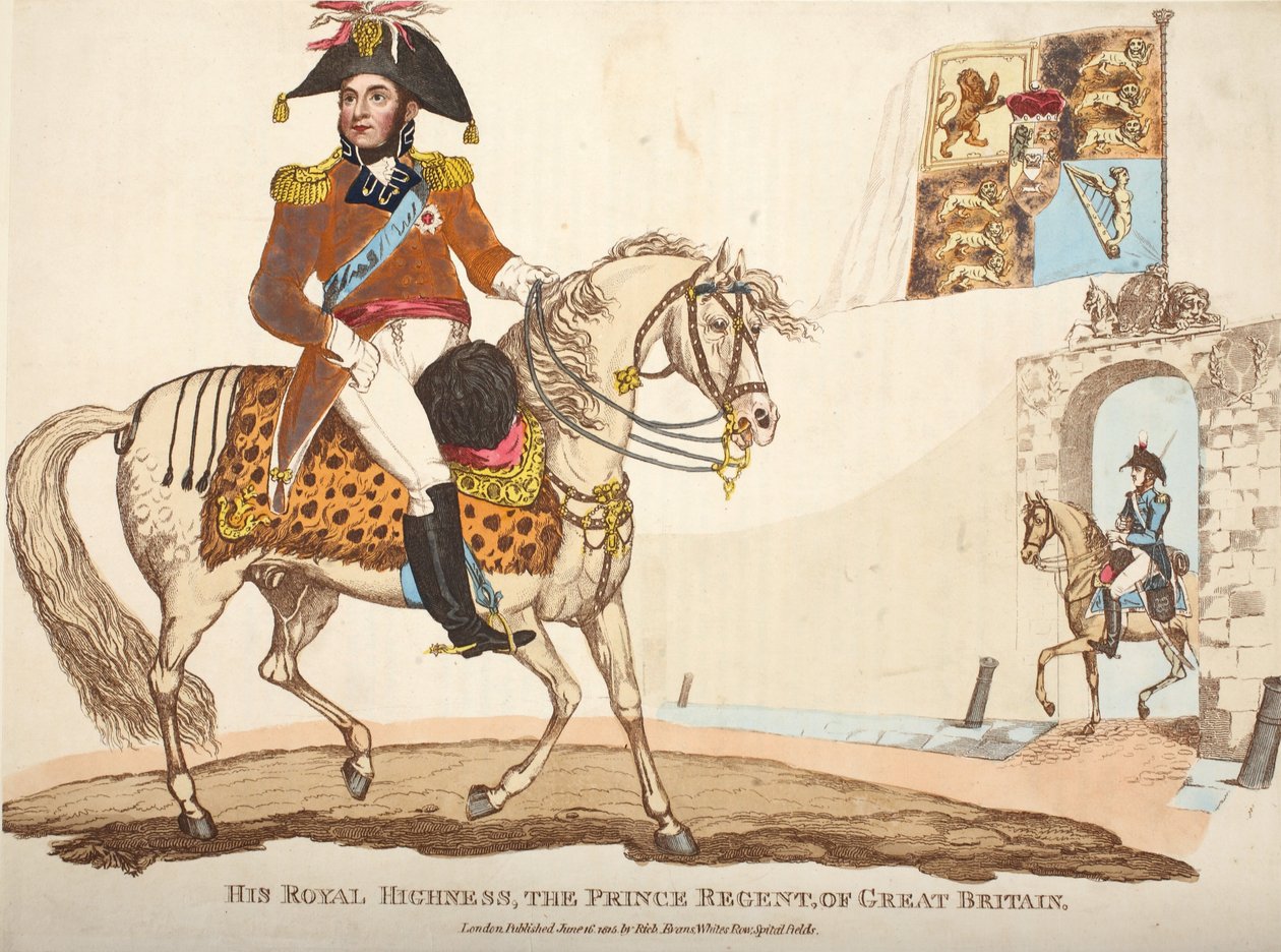 Hans Kongelige Højhed, The Prince Regent of Great Britain, pub. af Richard Evans, engr Romney, illustration fra An Historical Account of the Battle of Waterloo af William Mudford, 1816 (farvet gravering af English School