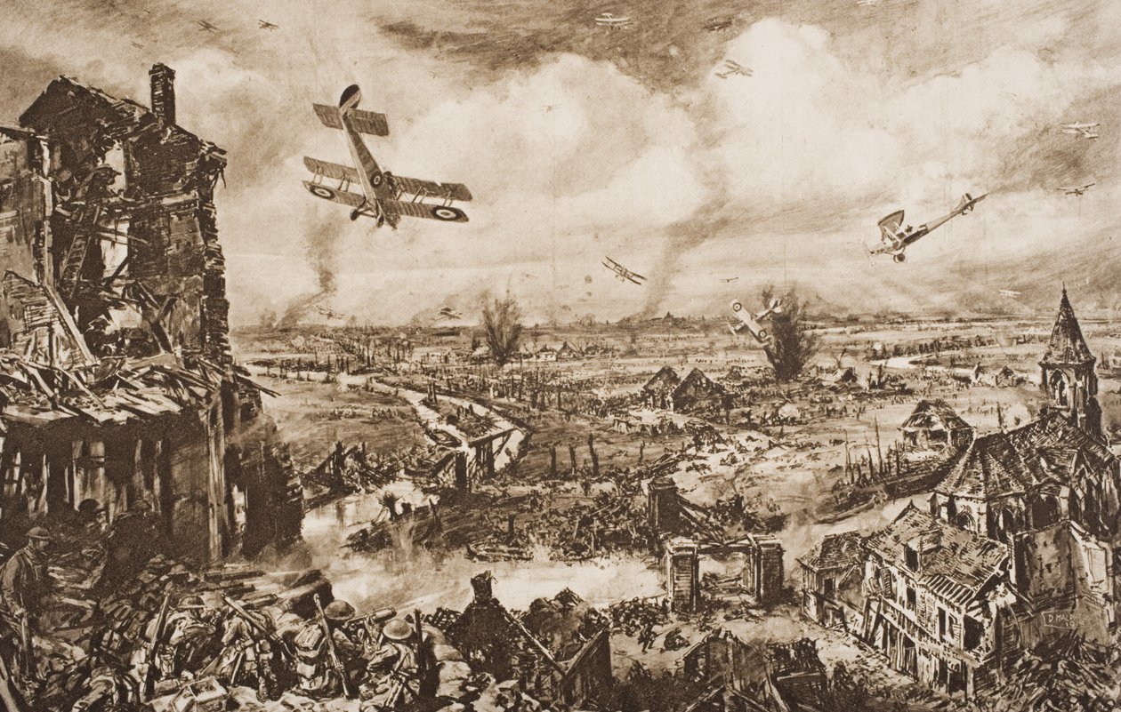 Holder et tysk angreb op, Armentieres, Belgien, illustration fra 
