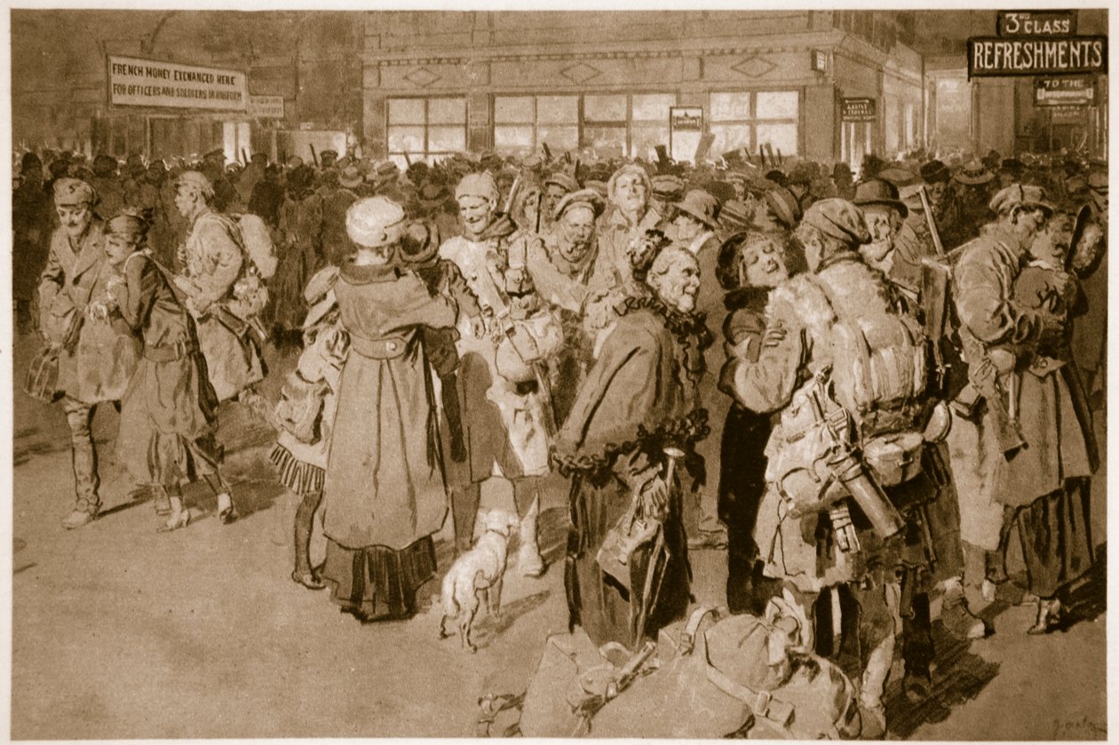 Hjemme på orlov: Efter ankomsten af skyttegravsspecial ved endestationen i London, 1914-19 af English School