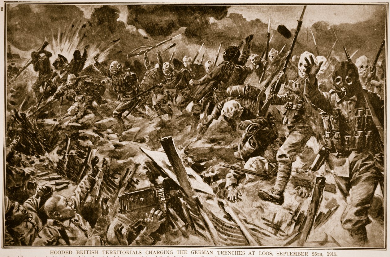 Britiske territoriale med hætte angriber de tyske skyttegrave ved Loos, 25. september 1915, 1914-19 af English School