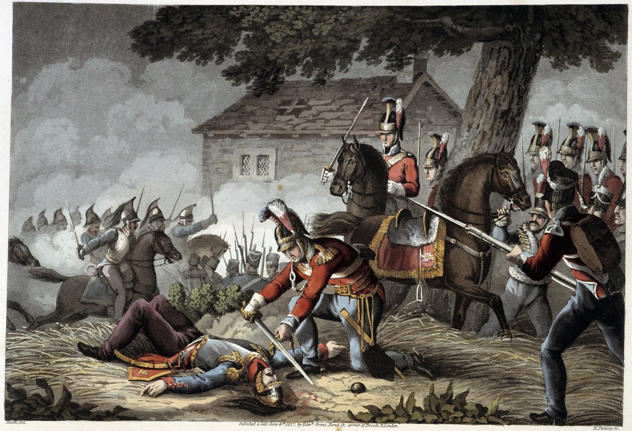 Hestevagt på slagmarken ved Waterloo i "Historical, military and naval anecdotes and incidents that arrived at the British Armies and their allies, ending at Waterloo" af Edward Orme. Ill. af Fry, Sutherland, Clark, Dubourg, W.Heart, JA, Atkinson af English School