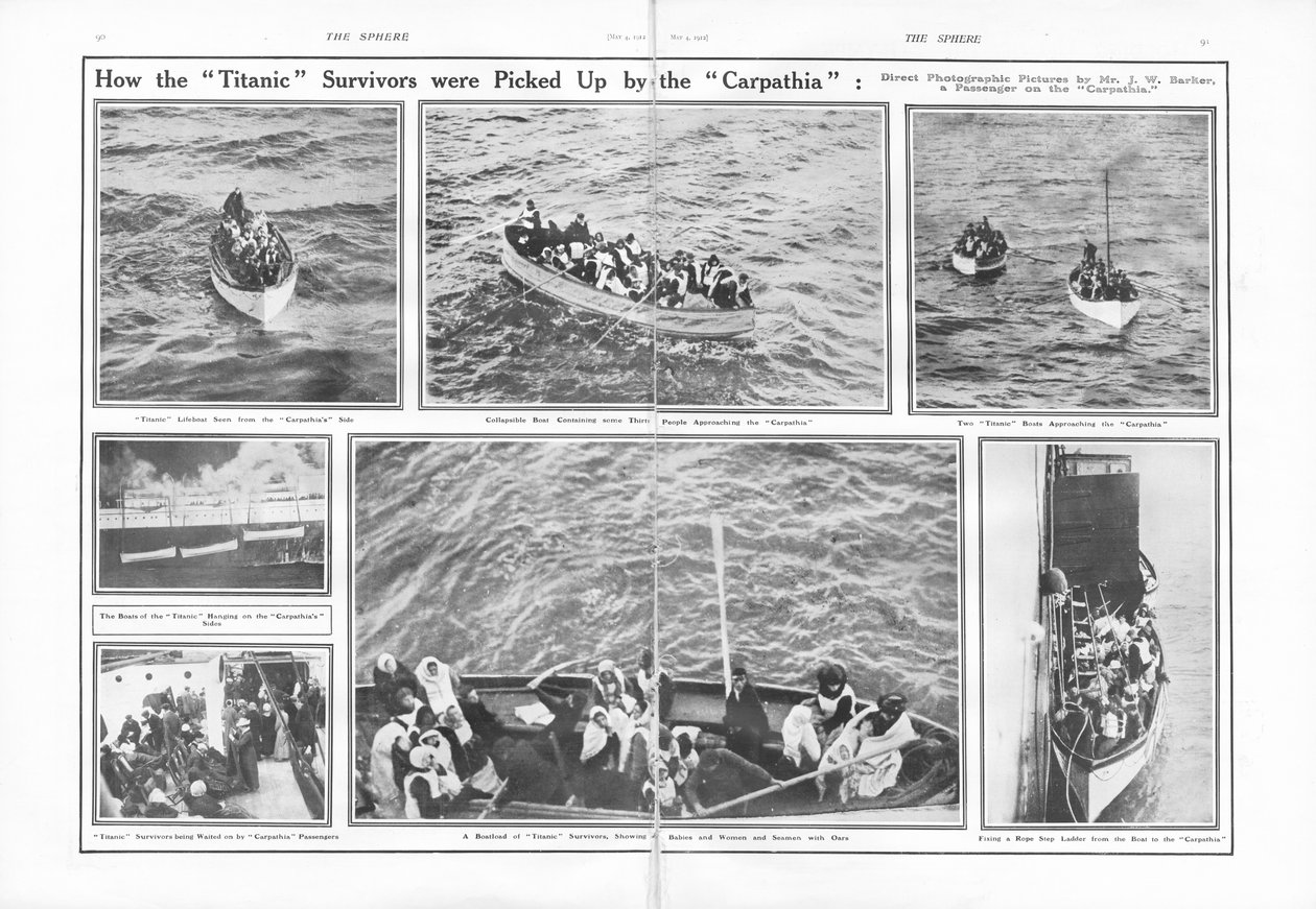 Hvordan Titanic-overlevende blev samlet op af Carpathia, fra The Sphere, 4. maj 1912 af English School