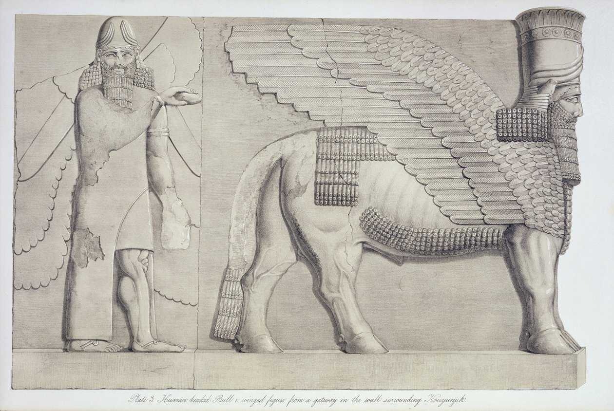 Tyre med menneskehoved og bevinget figur fra en port på muren omkring Kouyunjik, plade 3 fra Nineveh and its Remains af Austen Henry Layard (1817-94) udgivet 1849 af English School