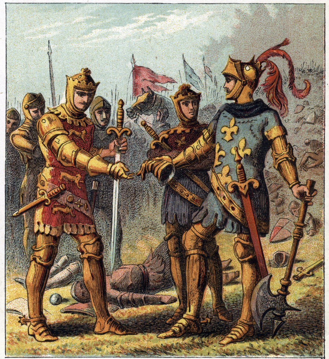 Hundredårskrig: Slaget ved Poitiers (1356). Kongen af Frankrig John II den Gode (1319-1364) erkendte sit nederlag og gik til Edward Plantagenet af England (Edward af Woodstock Brackembury) af English School