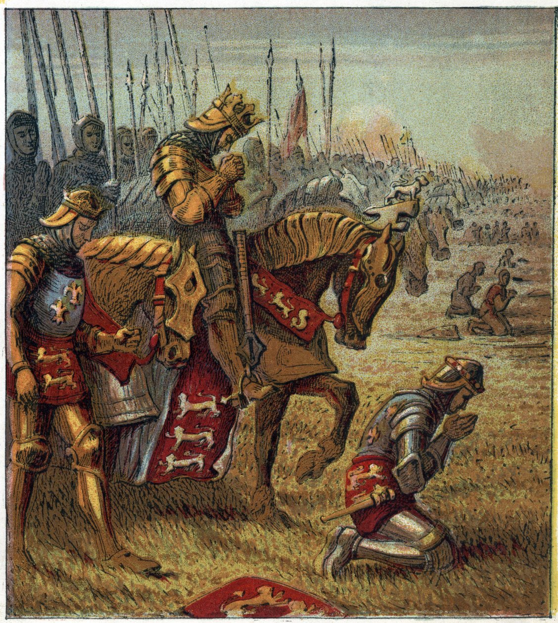 Hundredårskrig: "" Slaget ved Azincourt den 25/10/1415"". Kong Henrik V (1387-1422) bad, før han konfronterede de franske tropper. Slaget ved Agincourt: Kong Henry den Femte beder om sejr før slaget. af English School