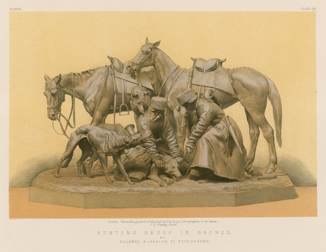 Jagtgruppe i bronze af oberst Siberich, Skt. Petersborg (chromolitho) af English School