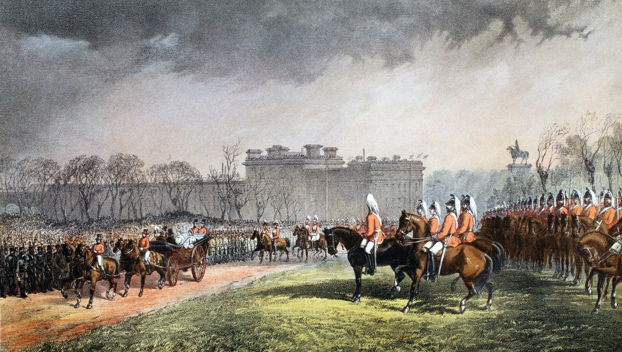 Hyde Park - Prinsessen passerer de frivilliges linjer, 7. marts 1863, fra A Memorial of the Marriage of Edward VII and Alexandra of Denmark, pub. 1864 af English School