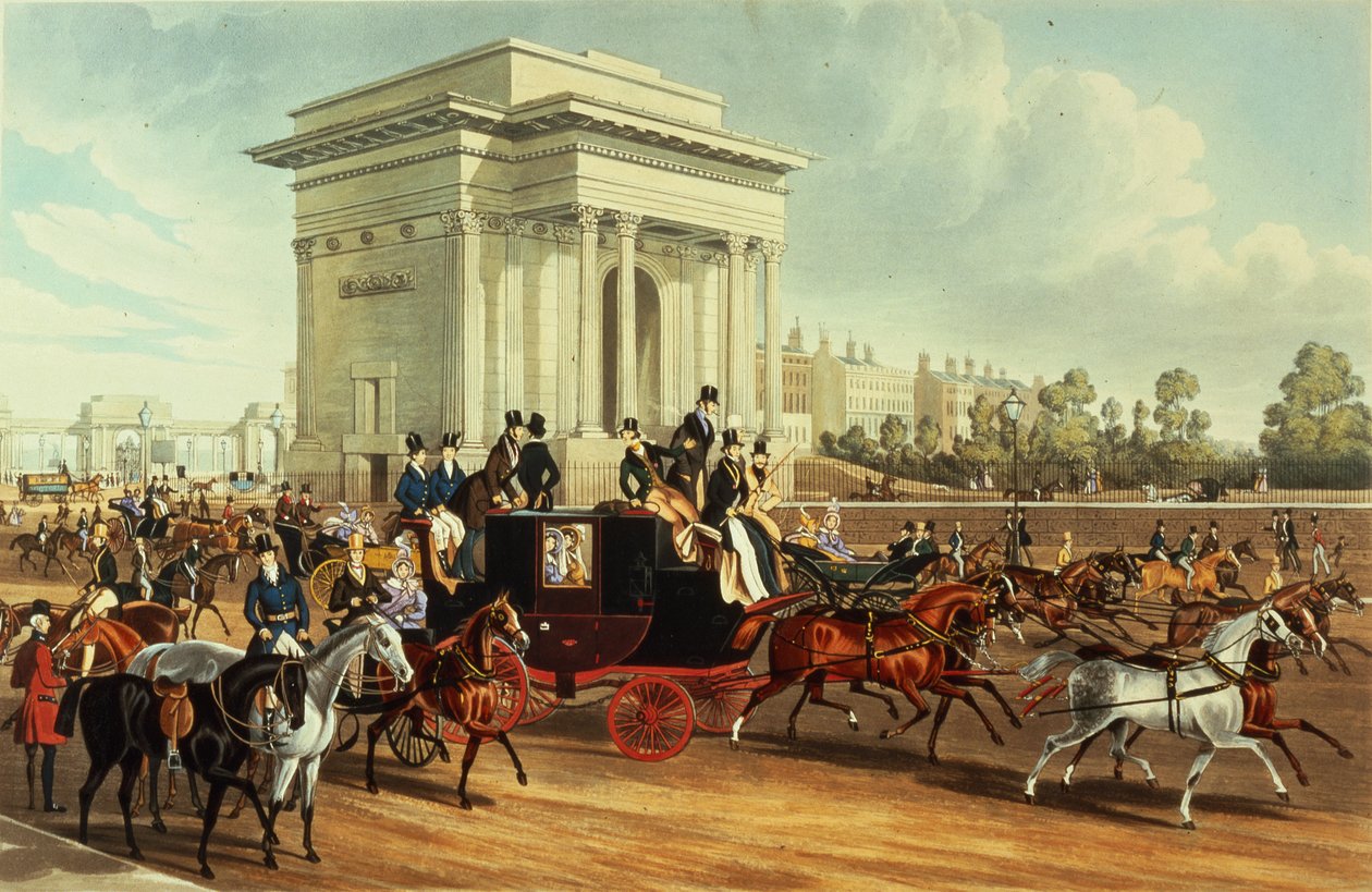 Hyde Park Corner, efter James Pollard, udgivet af Ackermann, 1836 (akvatint) af English School