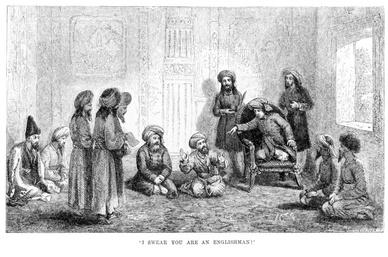 Jeg sværger, du er englænder: forfatternes forklædning er afsløret i Herat, fra Rejser i Centralasien...i...1863, 1864 af Arminius Vambery af English School