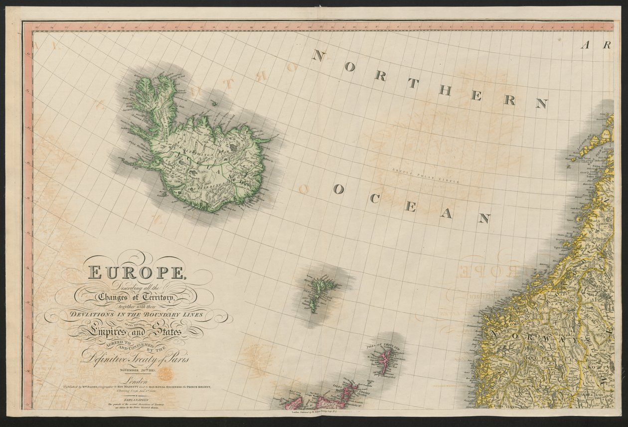 Island og Norge, fra Europa, der beskriver alle ændringerne i territoriet, sammen med deres afvigelser i grænselinjerne for dets adskillige imperier og stater, som er blevet enige om og bekræftet af den endelige traktat i Paris, 20. nov. 1815, udgivet 1816 af English School