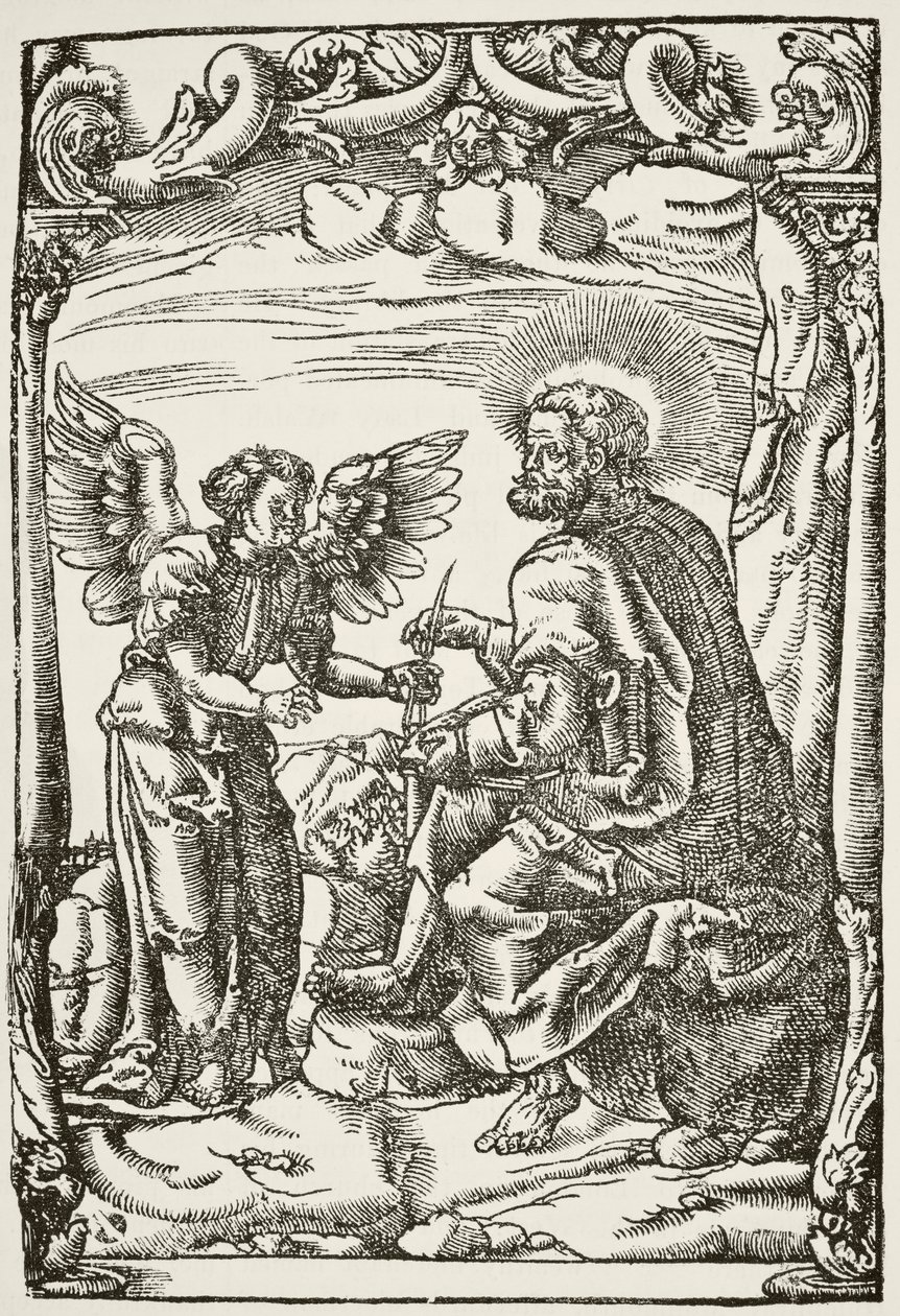 Illustration fra begyndelsen af Tyndales første engelske oversættelse af Det Nye Testamente, udgivet i Köln i 1525, fra The National and Domestic History of England af William Hickman Smith Aub af English School