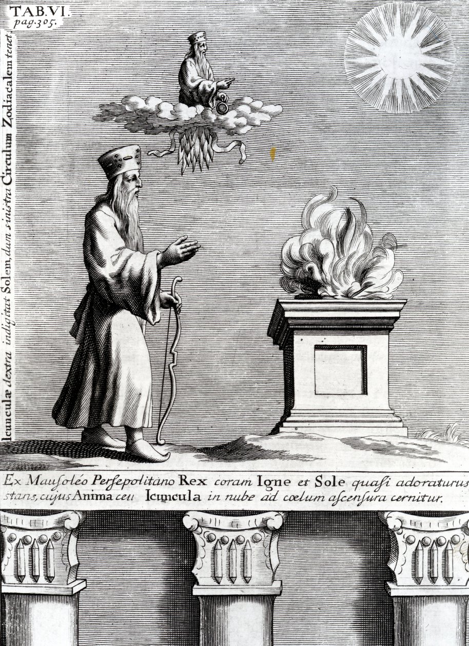 Illustration af Zoroaster, der tilbeder ild og solen, 1697 af English School