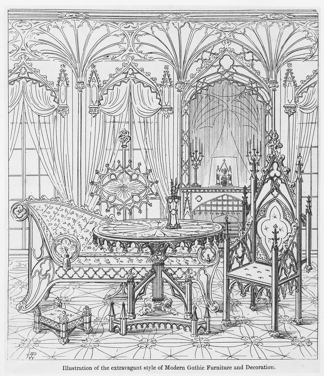 Illustration af den ekstravagante stil af moderne gotiske møbler og udsmykning, fra True Principles of Pointed of Christian Architecture, af Augustus Welby Pugin (1812-52) af English School