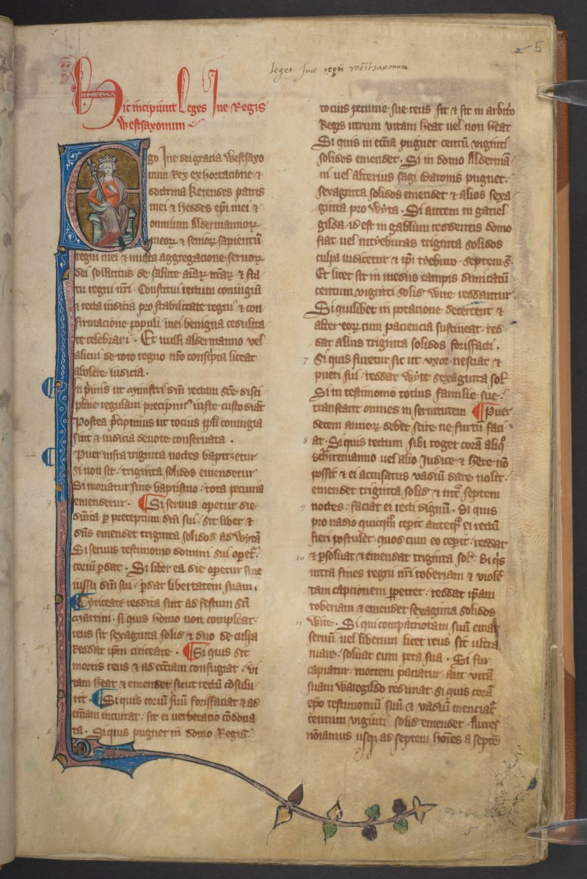 Billede af kong Ine fra Statutes of England, Bomuldsmanuskript Claudius D II, f.5r af English School