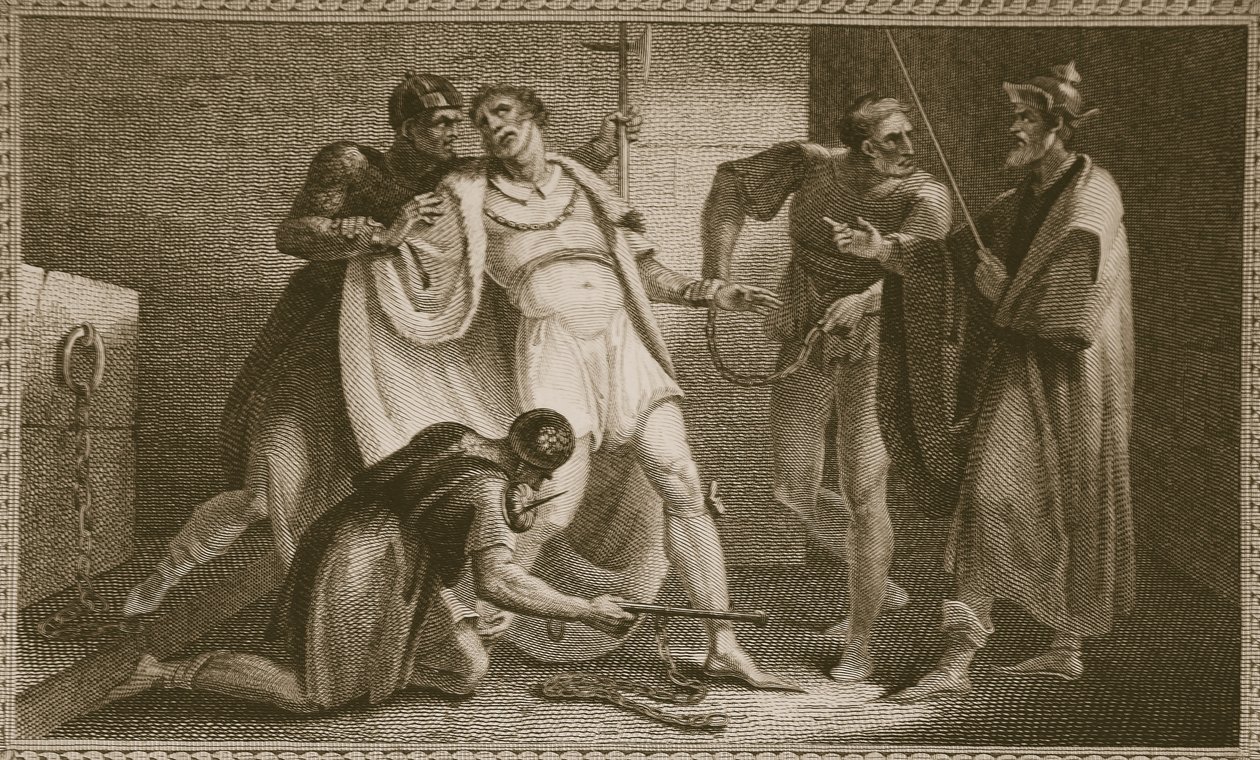 Fængsling af Stephen, illustration fra David Humes The History of England, pub. af R. Bowyer, London, 1812 af English School