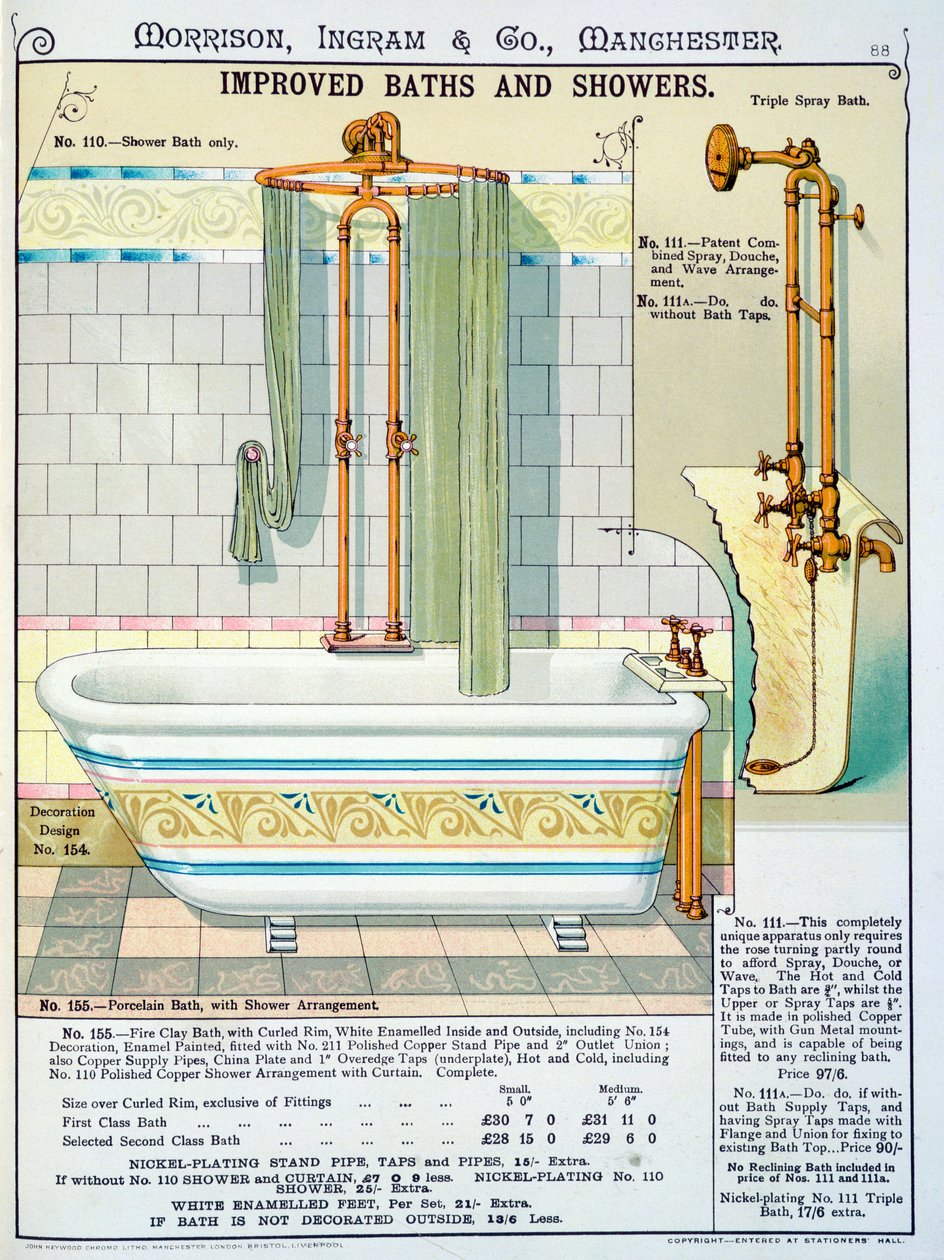 Forbedrede bade og brusere fra et katalog over sanitetsartikler produceret af Morrison, Ingram & Co., Manchester, udgivet ca. 1890 af English School