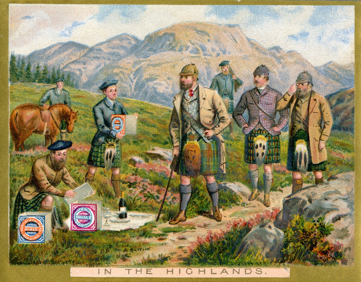 In the Highlands, et salgsfremmende kort til Huntley & Palmers Biscuits, ca. 1890 af English School