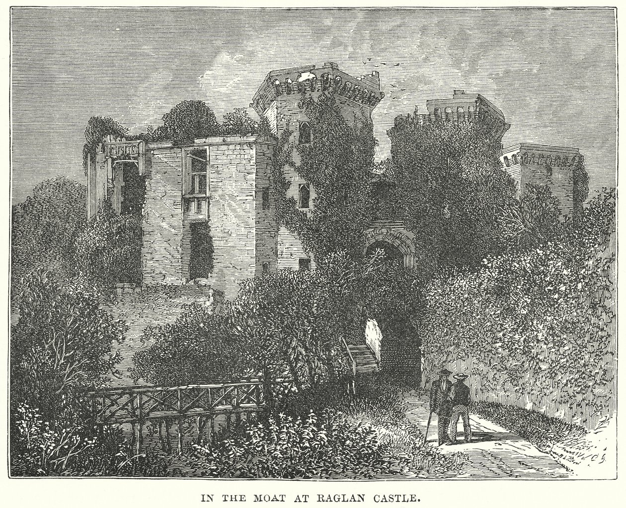 I voldgraven ved Raglan Castle (kobberstik) af English School