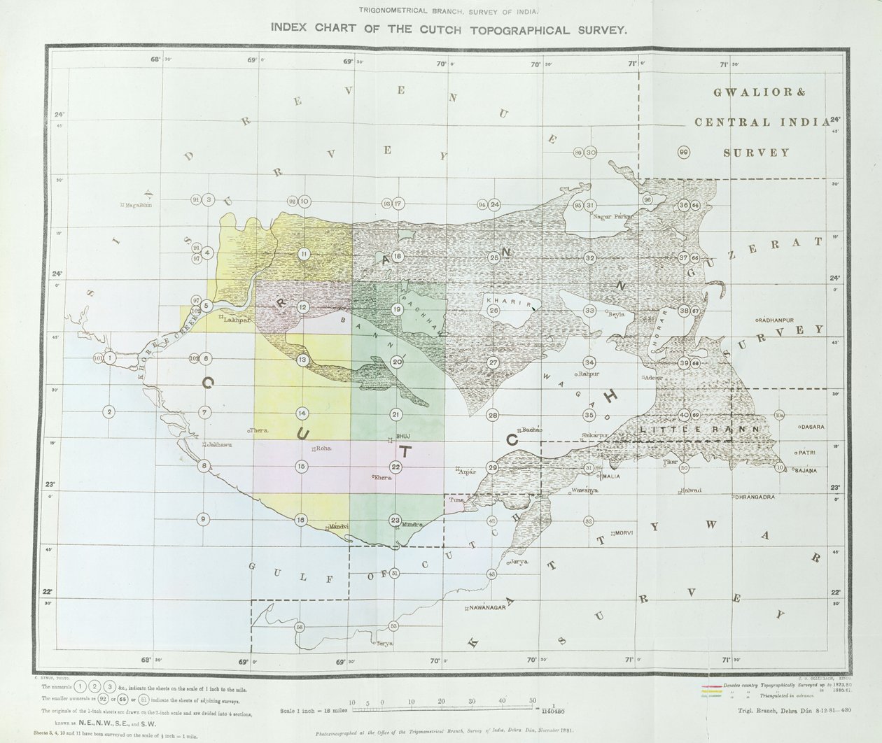 Indeksdiagram over Cutch Topographical Survey af Trigonometrical Branch, Survey of India, Dehra Dun, november, 1881 af English School