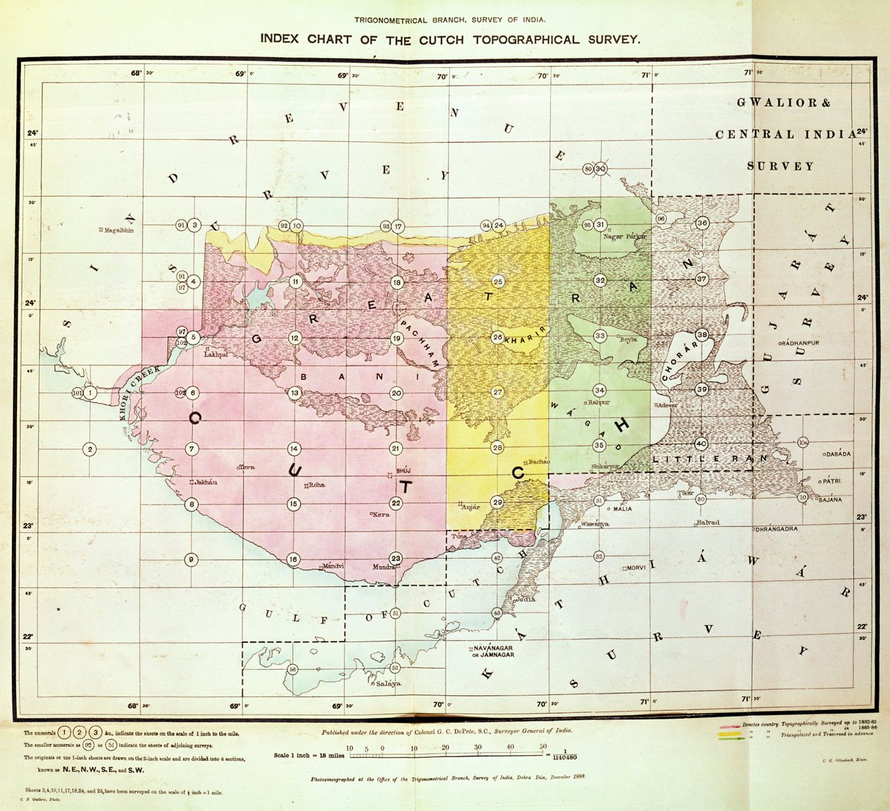 Indeksdiagram over Cutch Topographical Survey af Trigonometrical Branch, Survey of India, Dehra Dun, november, 1884 af English School
