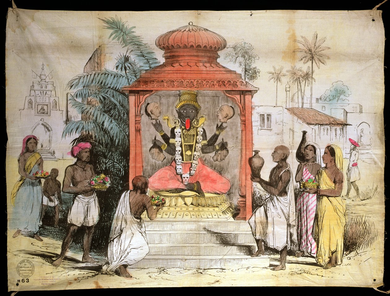 Indien, figur og tilbedelse af Kali, ca. 1850 (blæk og vask på stof) af English School
