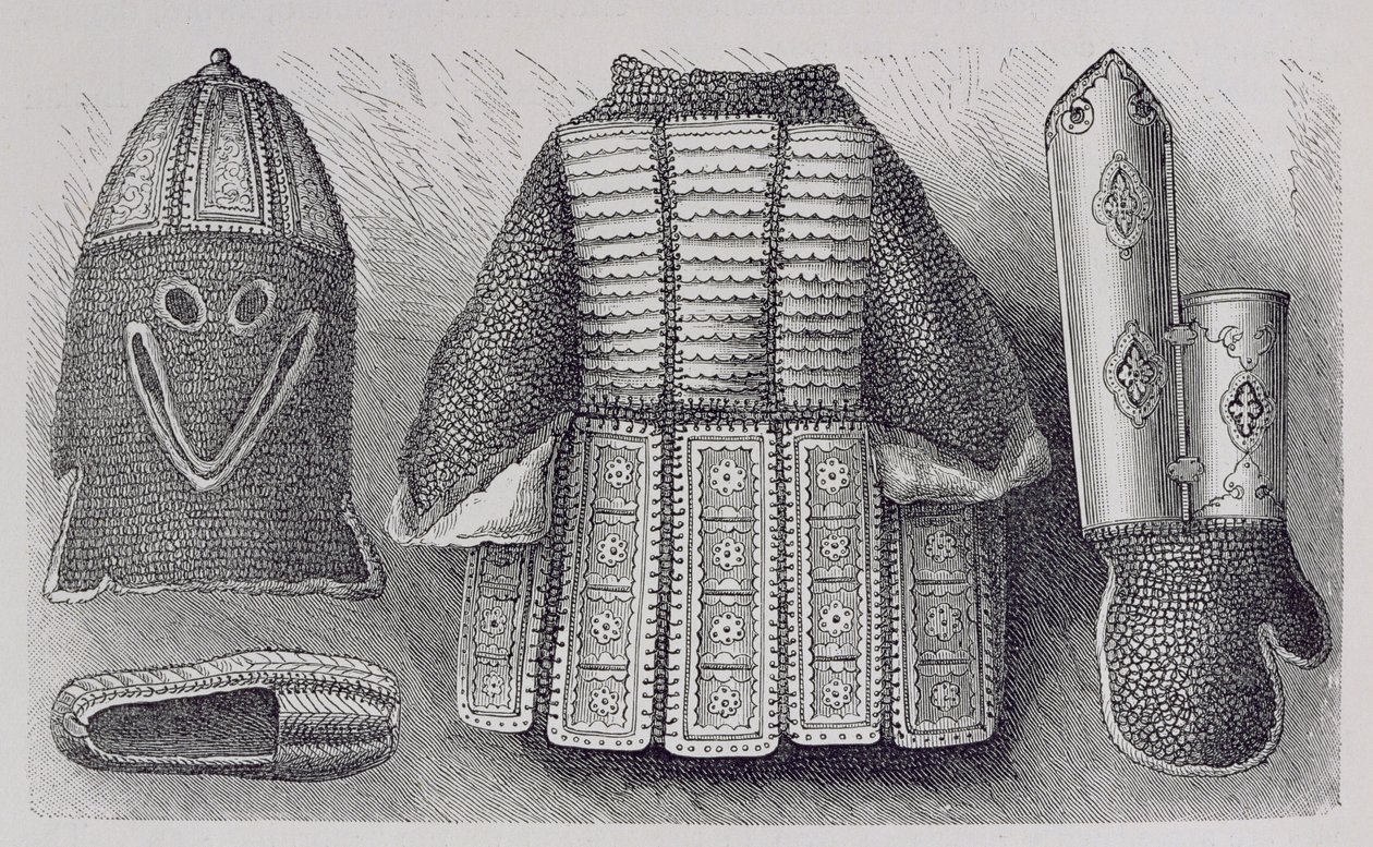 Indisk panoply bestående af hjelm, tunika, hansker og sko fra Bhuj, fra The History of Mankind, bind III, af prof. Friedrich Ratzel, 1898 af English School