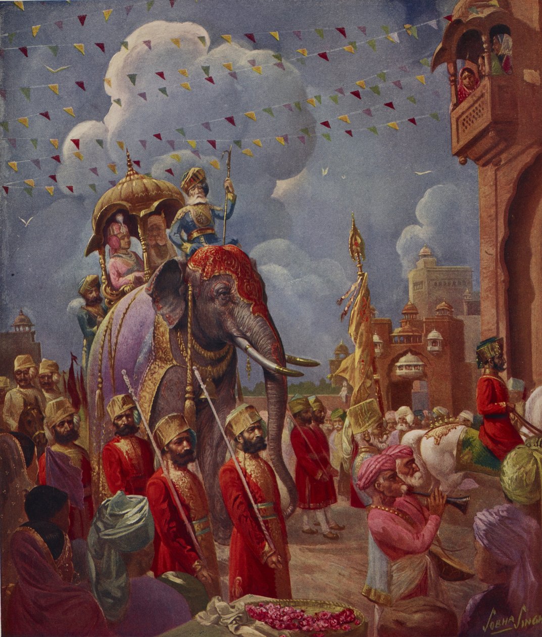 Indisk procession med elefant, maleri af Sobha Singh, fra det indiske tillæg til Illustrated London News af English School