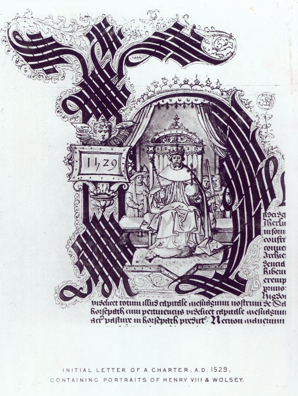 Initial Letter of a Charter indeholdende portrætter af Henry VIII og Wolsey, 1529 af English School