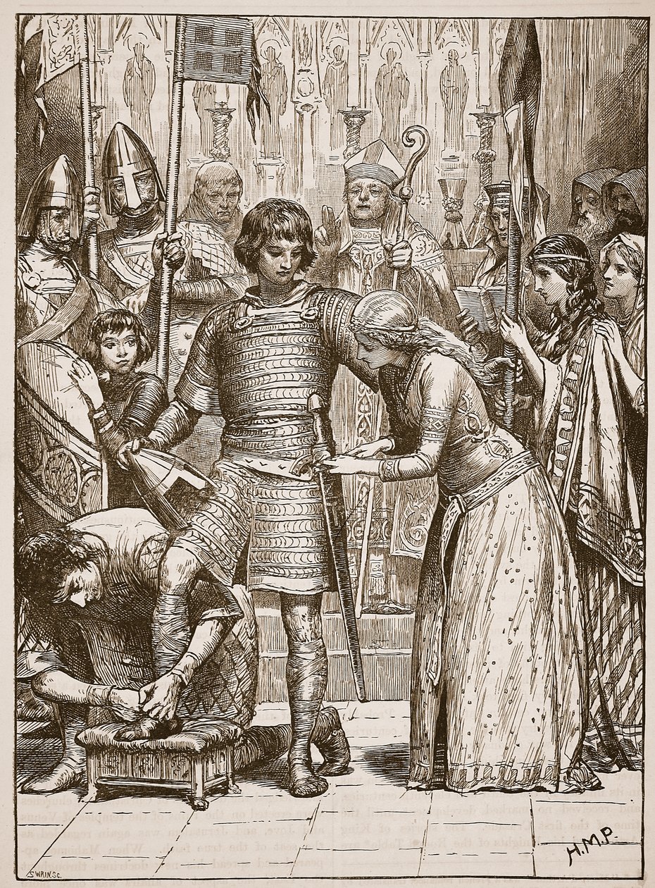 Indvielse i Ridderordenen, illustration fra Cassells Illustrated History of England (sepiafoto) af English School