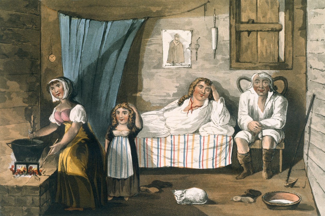 Inside a Cottage, fra A Picturesque Tour of the English Lakes af T.H. Fielding og J. Walton, udgivet af R. Ackermann, London, 1821 (håndfarvet akvatint) af English School