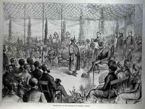 Installation af Maharajah af Burdwan, Bengal, fra The Illustrated London News, 21. januar 1882 af English School