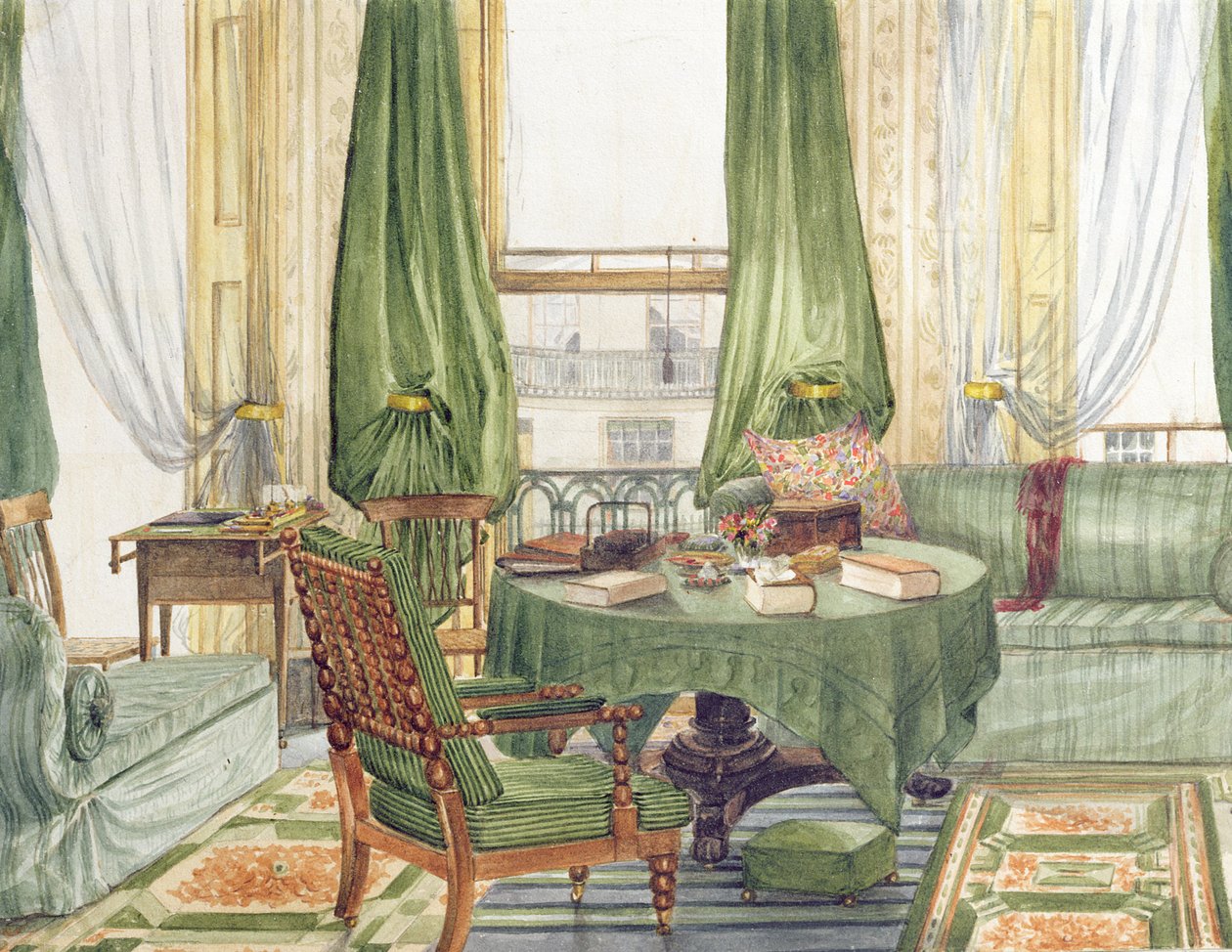 Indvendig visning af en tegnestue i Brighton, ca. 1845 (wc på papir) af English School