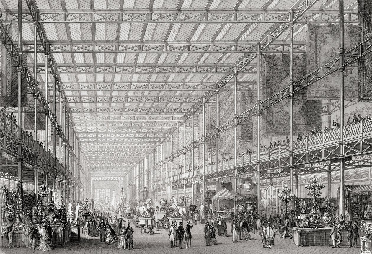 Interiør af The Great Industrial Exhibition fra 1851 i Hyde Park fra Cyclopaedia of Useful Arts & Manufactures, redigeret af Charles Tomlinson, ca. 1880
