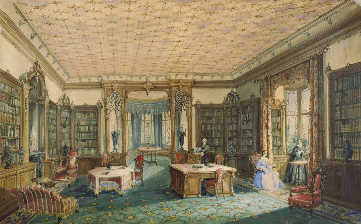 Interiør af et victoriansk bibliotek (wc på papir) af English School