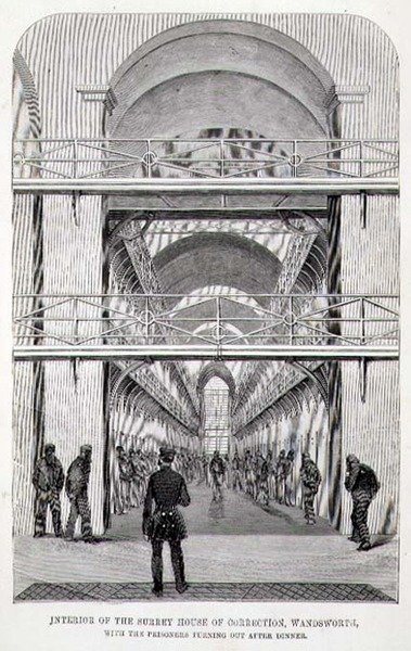 Interiør af Surrey House of Correction, Wandsworth, med fangerne på vej ud efter middagen, fra "The Criminal Prisons of London and Scenes of Prison Life" af Henry Mayhew (1812-87) og John Binny af English School