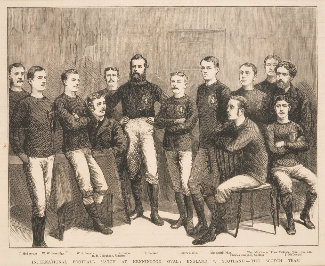 International fodboldkamp på Kennington Oval: England vs. Skotland - The Scotch Team, fra The Graphic, 1879 af English School