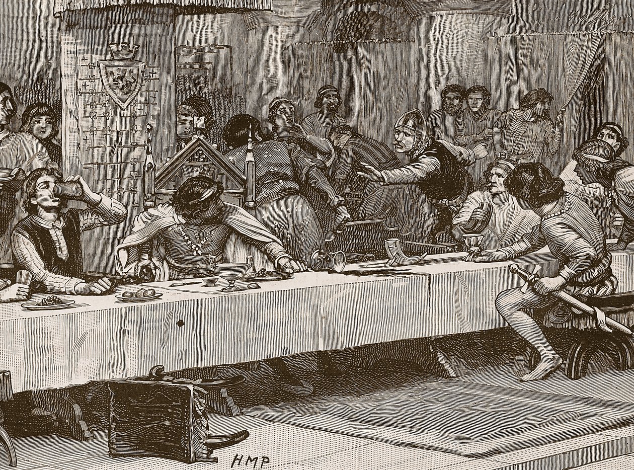 Interrupting Balliols Christmas Dinner, illustration fra Cassells Illustrated History of England (sepiafoto) af English School